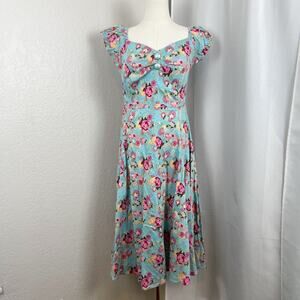 Collectif Vintage Dress Size 8 Blue Floral Fit Flare Pinup Whimsical Cottagecore